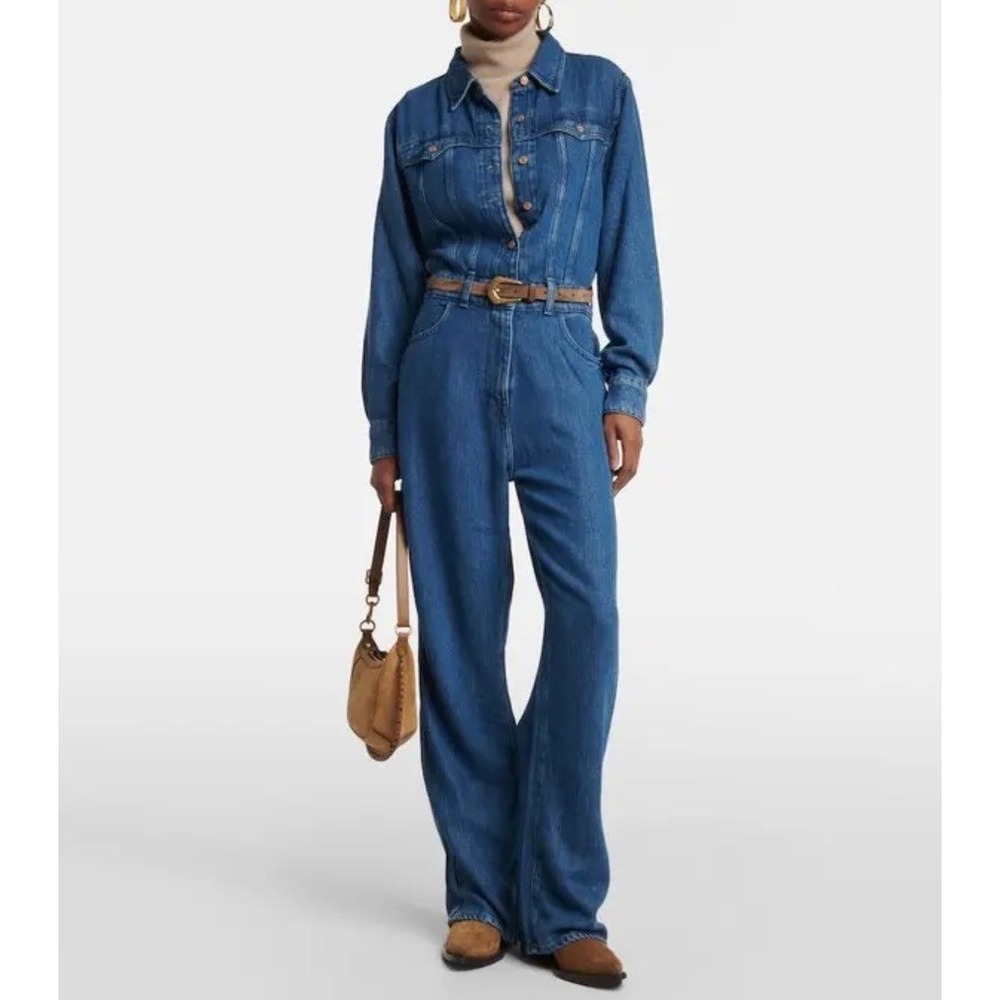 7 For All Mankind‎ Western Denim Jumpsuit Long Sleeve Wide Leg Dolly Blue Medium